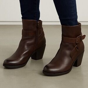 B.O.C by Born Brown Leather Buckle Ankle Boots 8.5‎ Block Heel Side Zip Booties